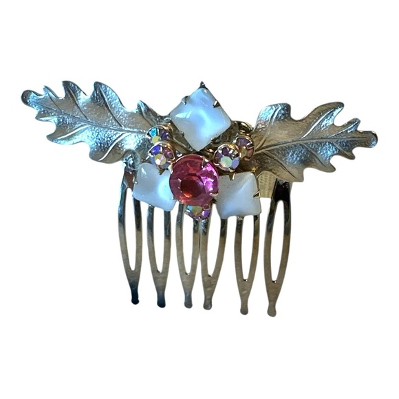 Hand Crafted Accessories - Bridal Silver Leaf Hair Comb Pink Crystal Vintage-Inspired Statement Accessory